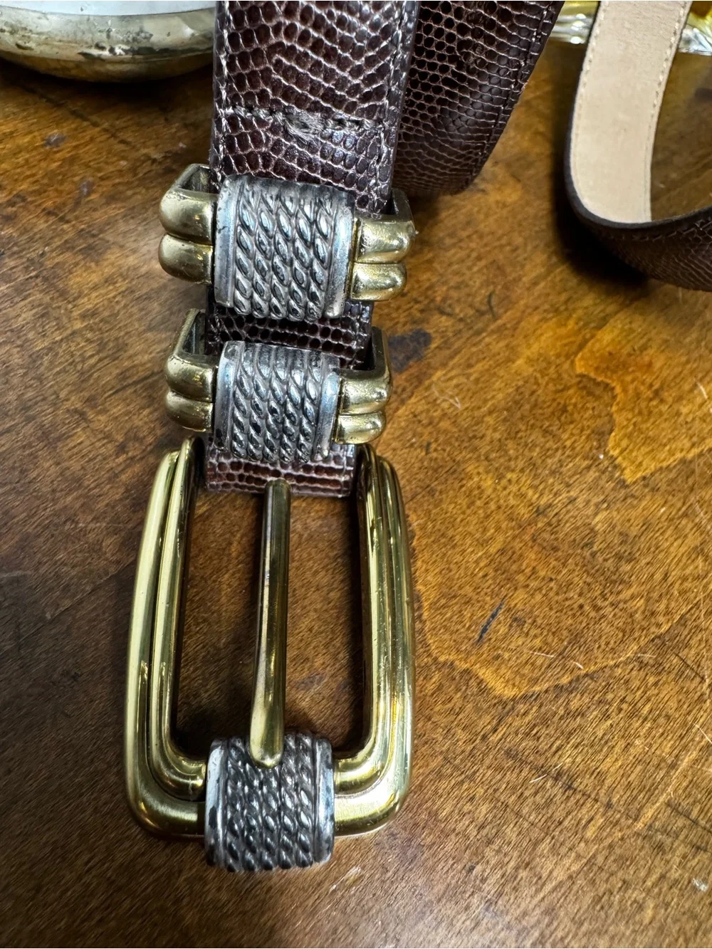 Brighton Brown Lizard-Embossed Leather Belt with Brass Buckle